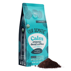 Four Sigmatic Calm decaf coffee bag on kitchen counter for a calming morning ritual.