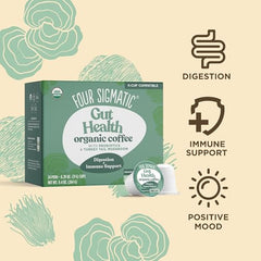 Chaga mushroom image in Four Sigmatic Gut Health lineup emphasizing antioxidant ingredients