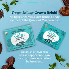 Four Sigmatic Reishi Elixir with tulsi and reishi blend on spoon, showcasing natural ingredients for a mindful ritual.