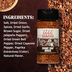 FOUR SIXES 6666 Burger Seasoning jar on grill enhances beef flavor with peppers