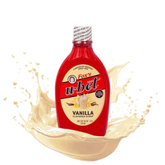 FOX'S U-BET Vanilla syrup bottle pour enhances flavor with smooth Brooklyn taste