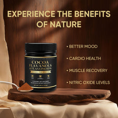 FQMUEV High Flavanol Cocoa Powder packaging highlighting vegan non GMO formula and freshness pouch