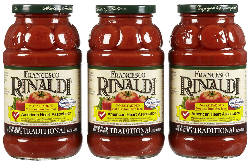 Francesco Rinaldi no-salt-added pasta sauce bottle for sodium-conscious meals.