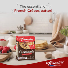 Francine crepe batter being poured onto a hot pan for delicate crepes