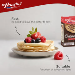 Francine crepe pan cooking reveals golden edges and foldable crepes