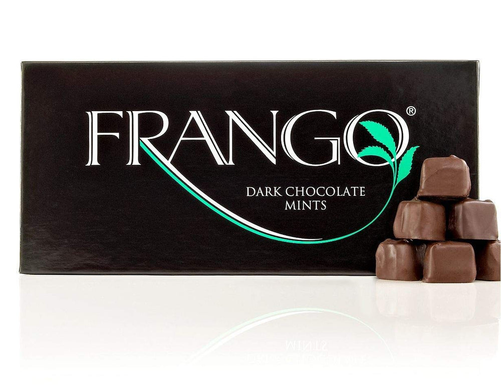 Frango Dark Mint Chocolate, pre-wrapped in signature blue paper, perfect for gifting.
