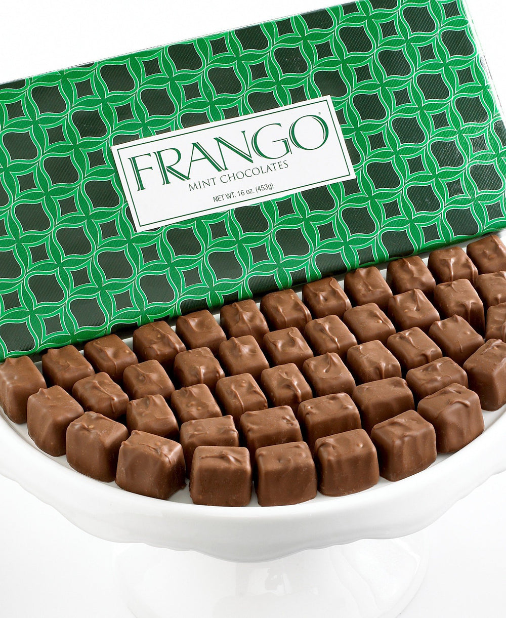 Frango Milk Mint Chocolates in a holiday-wrapped gift box ideal for gifting and celebrations.