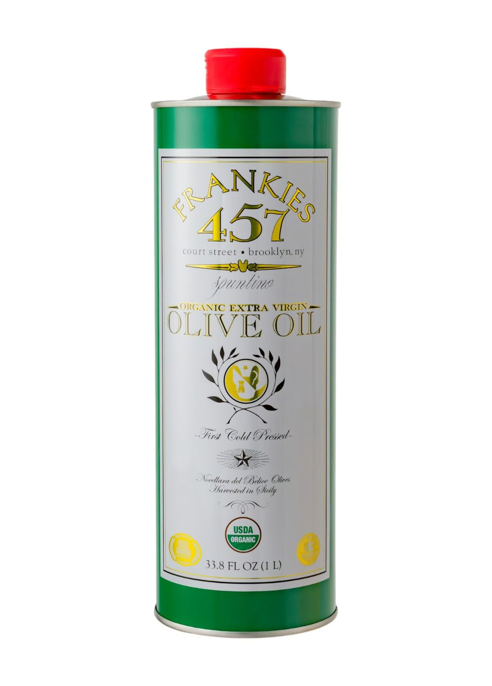 Frankies 457 Organic Olive Oil bottle pouring to finish dishes with rich flavor.