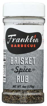 Franklin Barbecue Brisket Spice Rub jar front showcases premium seasoning for rich barbecue flavor.