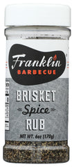 Franklin Barbecue Brisket Spice Rub jar front showcases premium seasoning for rich barbecue flavor.