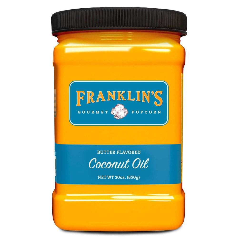 Franklin's Butter Flavored Coconut Oil bottle delivering rich movie-theater butter flavor at home.