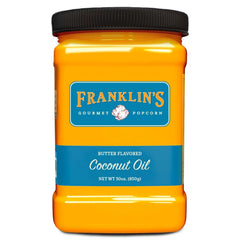 Franklin's Butter Flavored Coconut Oil bottle delivering rich movie-theater butter flavor at home.