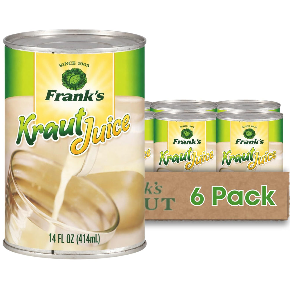 Frank’s Kraut Juice 14oz can – front view, tangy flavor ideal for cooking and sipping.