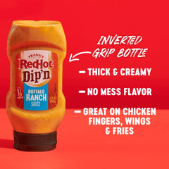 Franks RedHot Dip'n Buffalo Ranch sauce being squeezed for easy dip