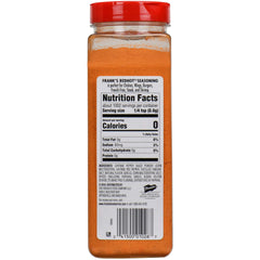 Franks RedHot Original Seasoning bottle closeup highlights garlic and cayenne aroma.
