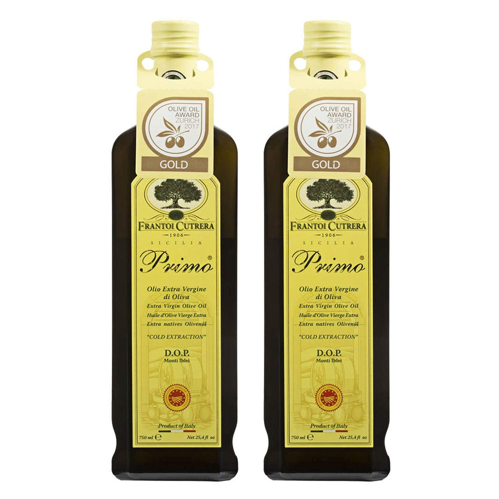 Frantoi Cutrera Primo olive oil bottle shows premium Sicilian EVOO great for finishing salads