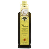 Frantoi Cutrera Primo olive oil bottle with green-gold hue ready to finish signature dishes.