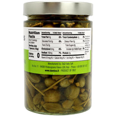 Fratelli D'Amico caperberries jar closeup showcasing brined berries.