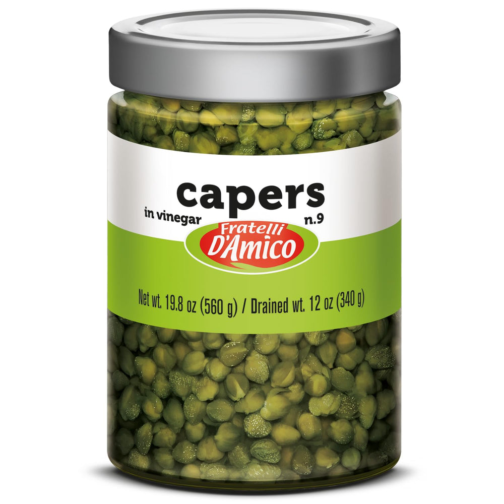 Fratelli D'Amico capers in brine jar, perfect for salads and seafood.