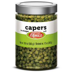 Fratelli D'Amico capers in brine jar, perfect for salads and seafood.