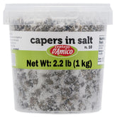 Fratelli D'Amico capers in salt jar front for authentic Italian pantry staple