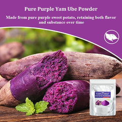 Fraunitsh ube powder blended into smoothie shows vibrant color and aroma.
