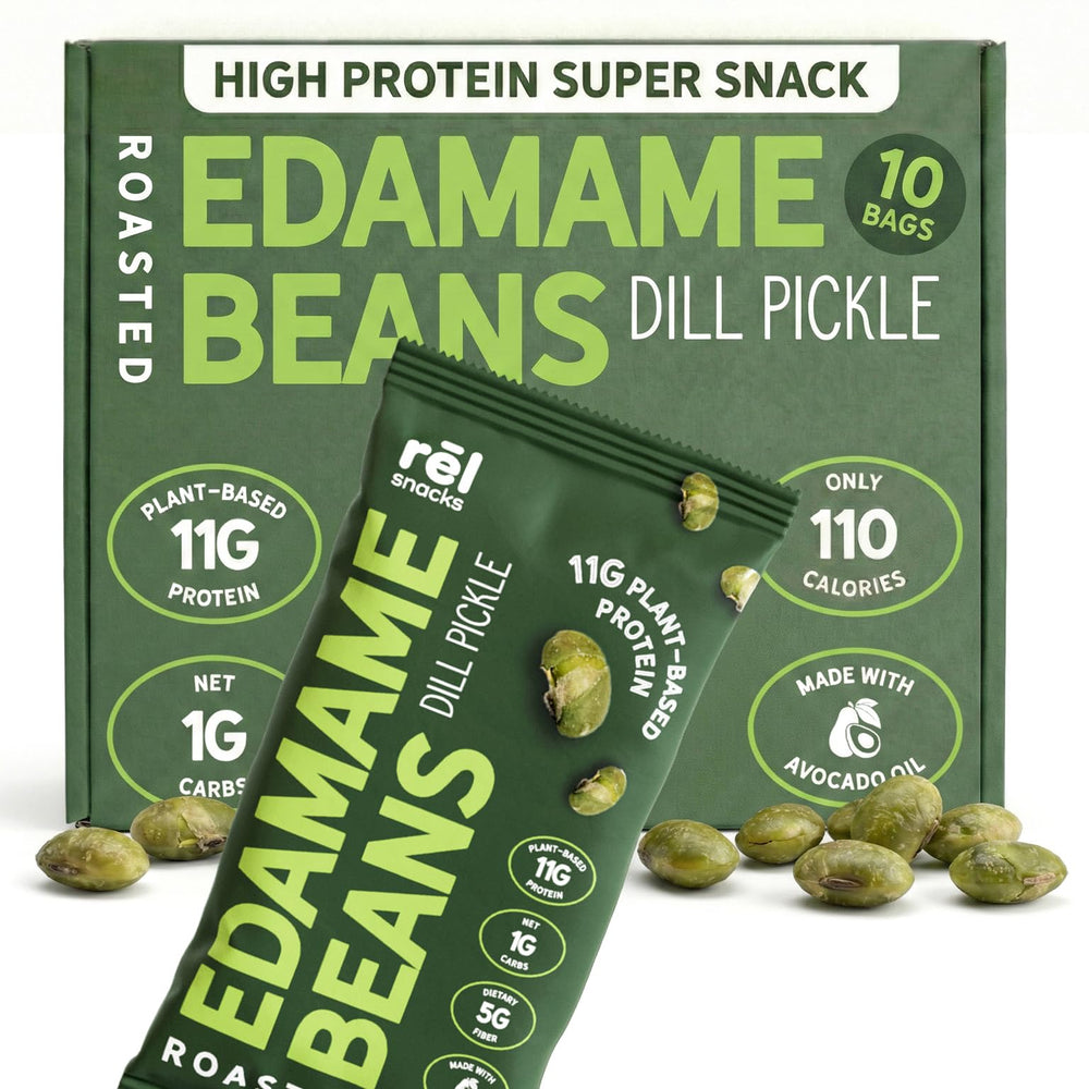 Fred's Farm Snacks dill pickle edamame bag—crunchy, protein-packed snack.