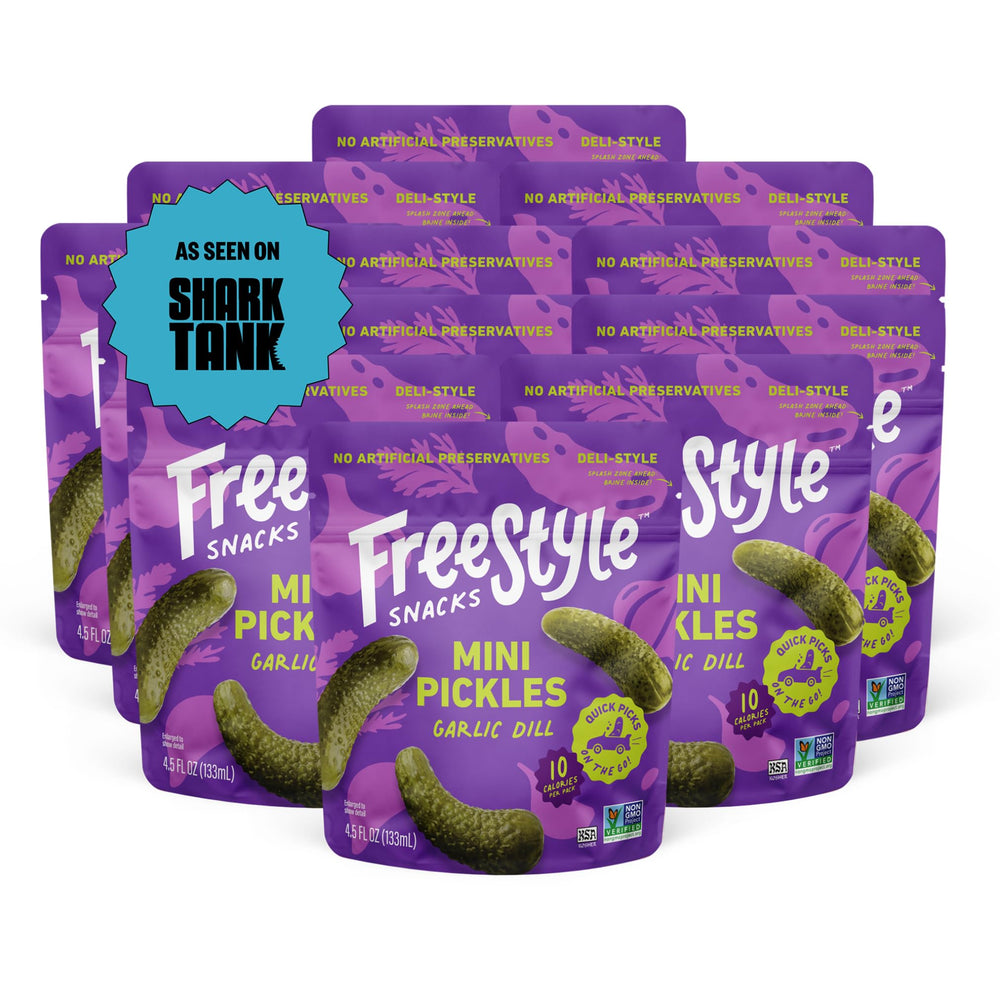 Freestyle Snacks garlic dill pickles in a resealable pouch for on-the-go snacking.