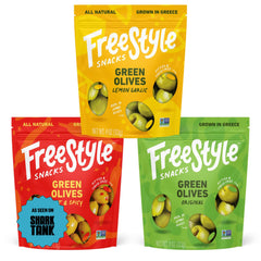 Freestyle Snacks olive pack front view, resealable pouch for mess-free snacking.
