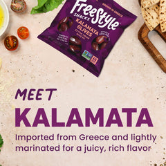 Freestyle Snacks Kalamata olives in a ready-to-snack pouch, perfect for salads.