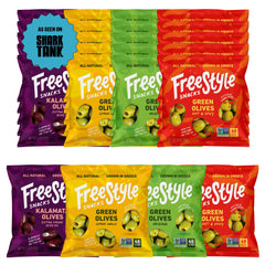 Freestyle Snacks Original Green olives in a portable 1.1 oz pouch for on-the-go snacking.