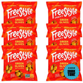 Freestyle Snacks olive snack pack packaging shown in a six-pack display for convenient on-the-go snacking.