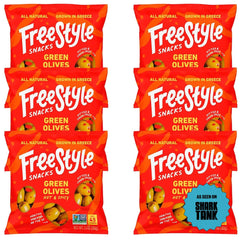 Freestyle Snacks olive snack pack packaging shown in a six-pack display for convenient on-the-go snacking.