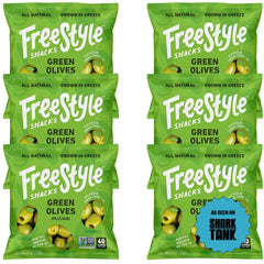 Freestyle Snacks olive snack packs front view showing mess-free single-serve olives