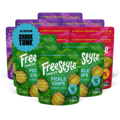 Freestyle Snacks pickle variety pack shows 3 flavors for convenient, on-the-go snacking.