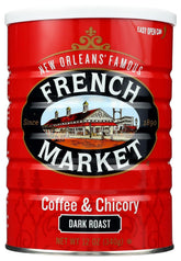 French Market Coffee Chicory Dark Roast six-pack can closeup promises rich, smooth mornings