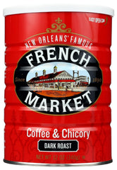 French Market Coffee Chicory Dark Roast six-pack can closeup promises rich, smooth mornings
