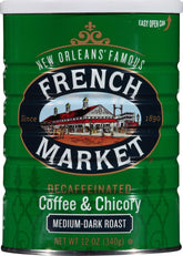 French Market decaf chicory can front, showcasing rich aroma and smooth finish