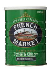 French Market decaf coffee chicory packshot shows a 12oz can for flavorful caffeine-free brewing