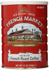 French Market French Roast ground coffee can showcases bold New Orleans flavor for mornings.