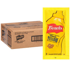 French's Classic Yellow Mustard packets on a serving tray, ideal for quick meals.