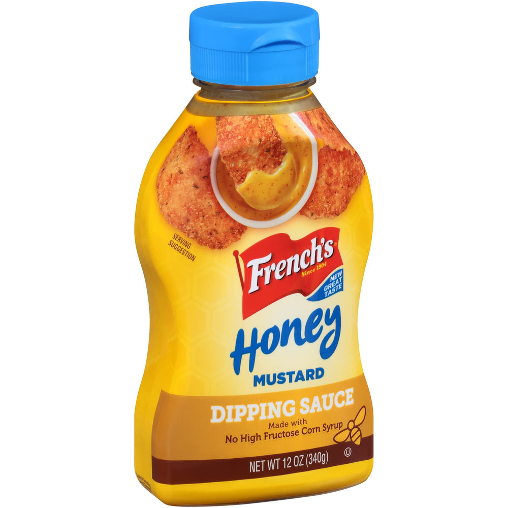 French's Honey Mustard dipping sauce bottle with real honey and seeds for rich flavor.