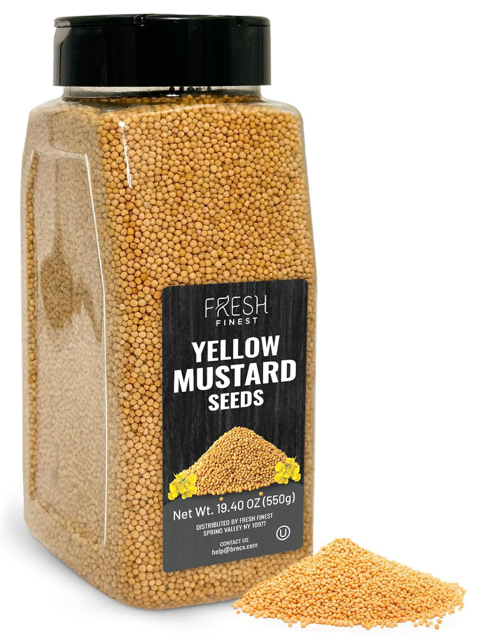 Fresh Finest bold yellow mustard seeds in a jar ready for sauces and marinades.
