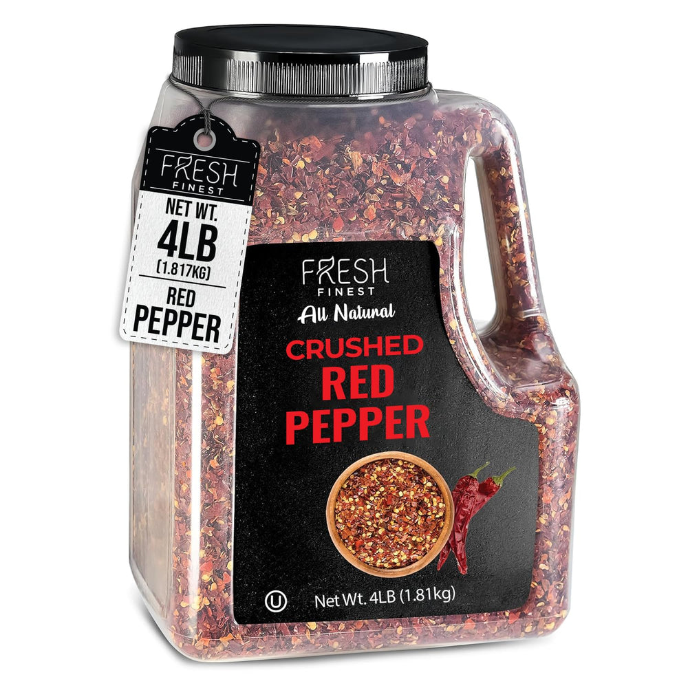 Fresh Finest crushed red pepper flakes jar pour enhances pizzas with bold heat.