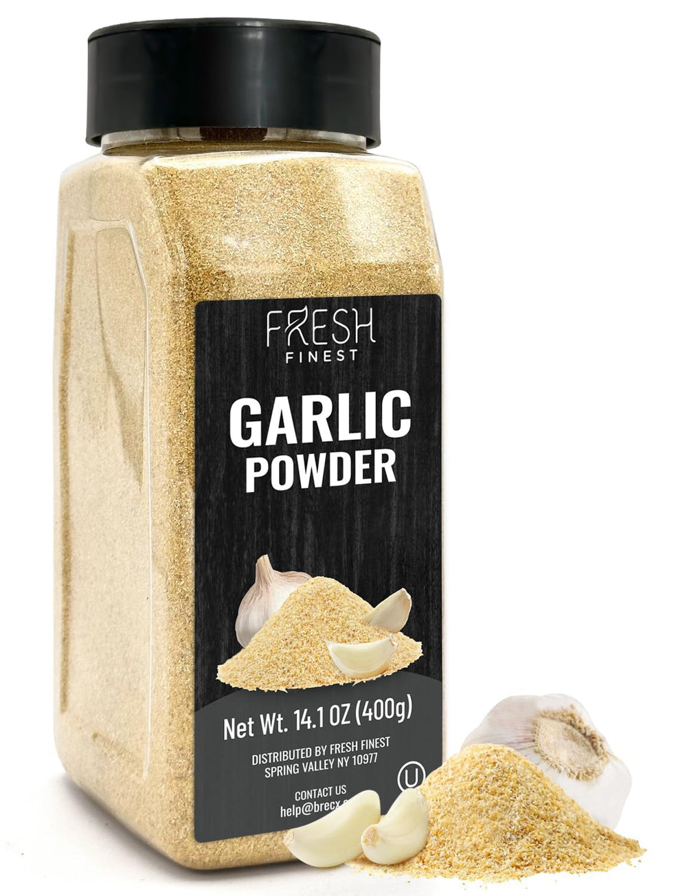 Fresh Finest Garlic Powder bottle pour for quick, convenient meals at home.