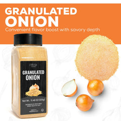 Fresh Finest granulated onion glass jar, premium pantry staple in the kitchen.