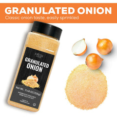 Fresh Finest granulated onion seasoning illustrating savory depth in dishes.