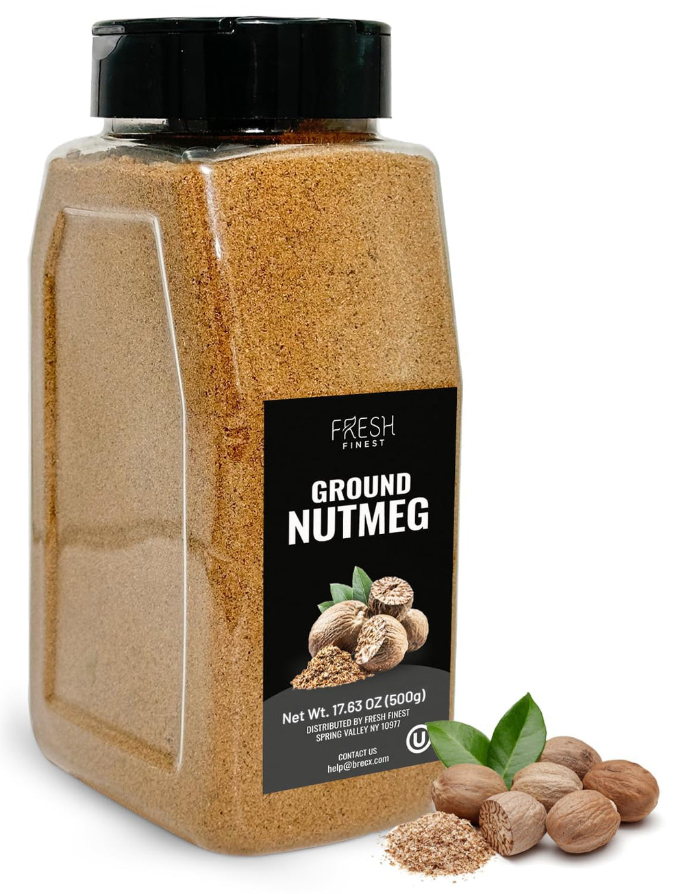 Fresh Finest Ground Nutmeg Powder packaging jar shows premium quality for cooking.