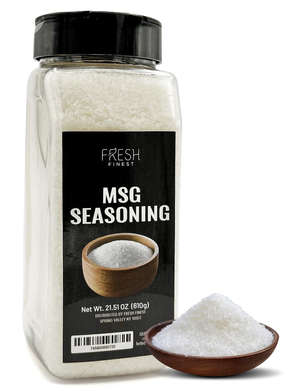 Fresh Finest MSG seasoning packaging, pantry-ready jar for quick flavor boosts.
