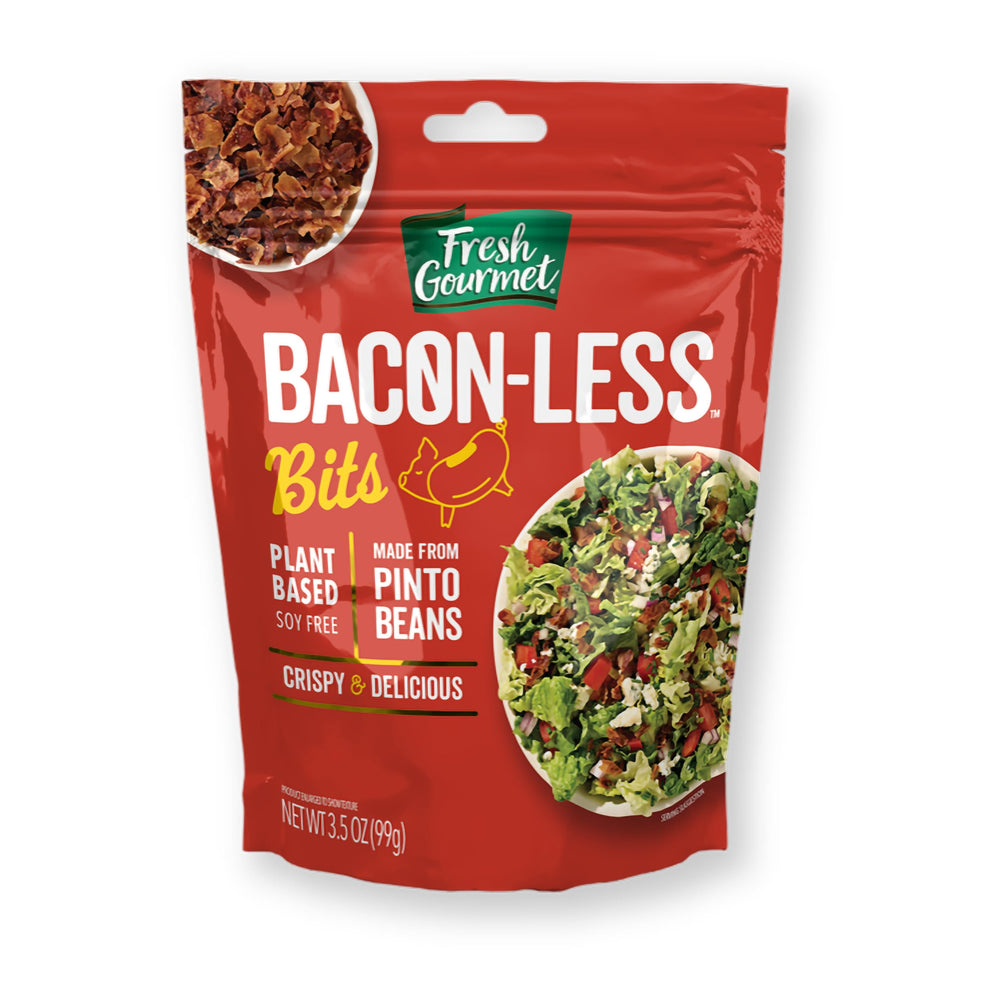 Fresh Gourmet Bacon-Less Bits in resealable pouch front, ideal for quick dinners and flavor boost.